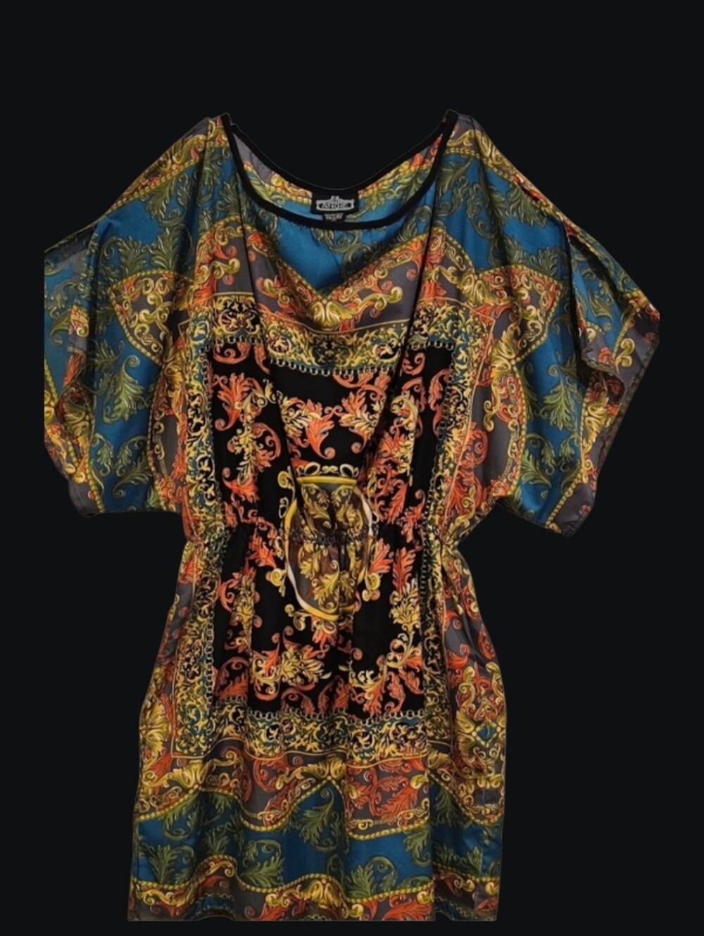 Bohemian Printed Mini Dress in Teal and Black